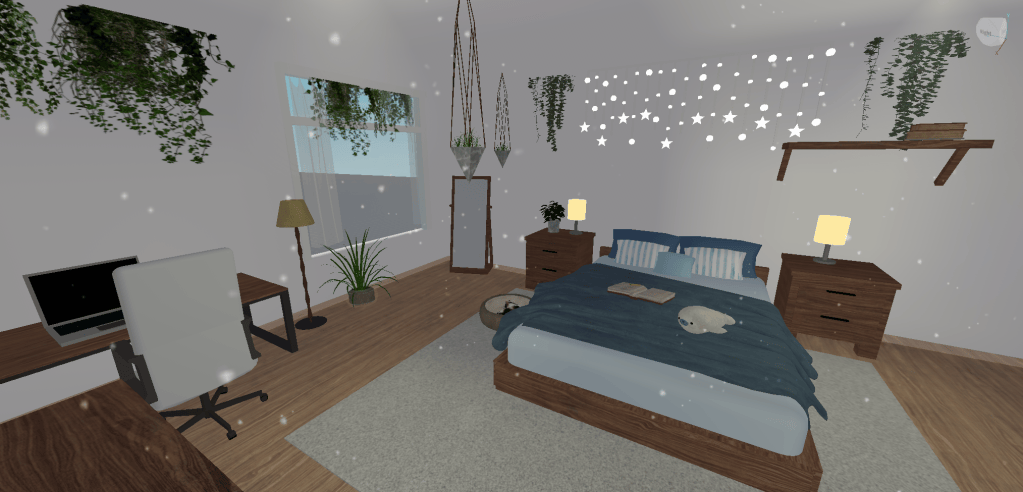 bedroom with plants and string lights modeled in Roblox Studio