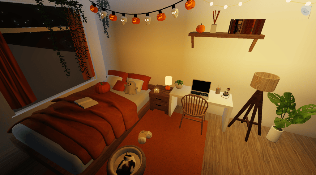 angled top view of Halloween-themed room modeled in Roblox Studio