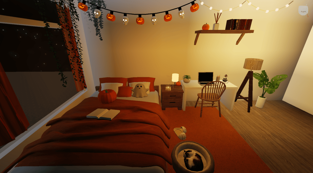 front view of Halloween-themed room modeled in Roblox Studio
