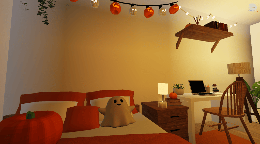 close up view of Halloween-themed room modeled in Roblox Studio